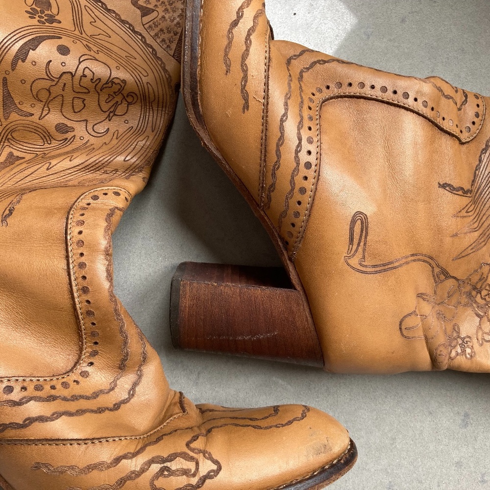 Anthropologie Tan Embroidered Leather Knee-High Heeled Boots - Picture 5 of 11